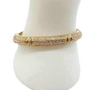 Clear Rhinestone Heavy Gold Tone Clasped Bangle Bracelet 1980s Read Description